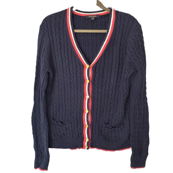 Brooks Brothers Cardigan Tennis Sweater Womens XL Navy Cotton Cable Knit *Pls Rd - Picture 2 of 16